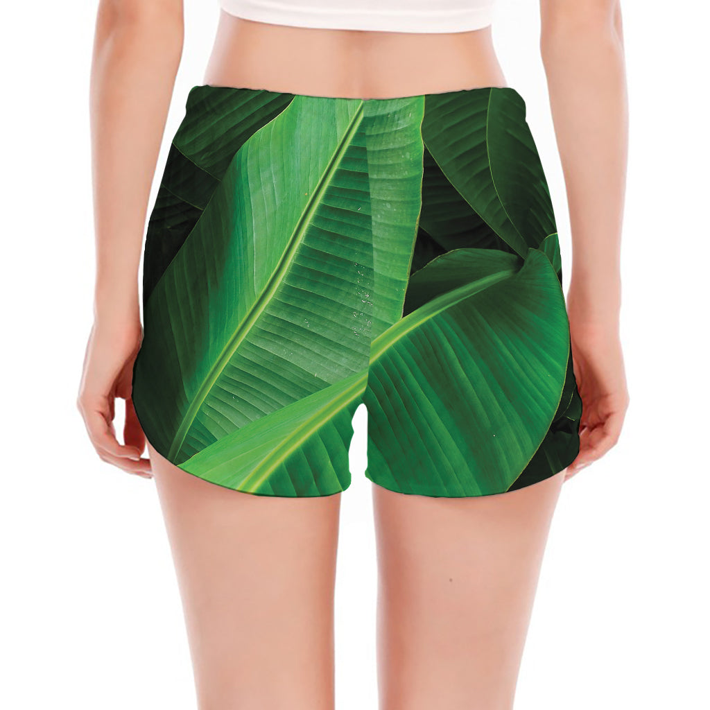 Green Tropical Banana Palm Leaf Print Women's Split Running Shorts