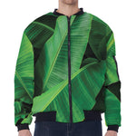 Green Tropical Banana Palm Leaf Print Zip Sleeve Bomber Jacket