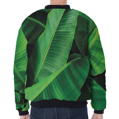 Green Tropical Banana Palm Leaf Print Zip Sleeve Bomber Jacket