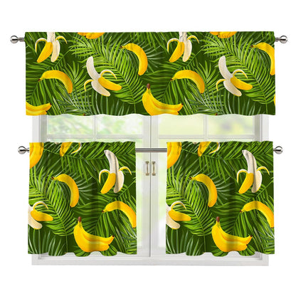 Green Tropical Banana Pattern Print 3 Piece Kitchen Curtains