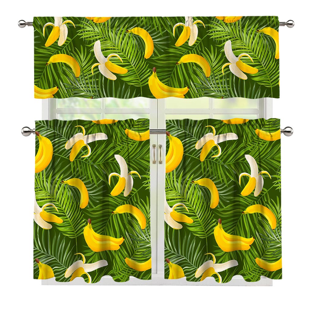 Green Tropical Banana Pattern Print 3 Piece Kitchen Curtains