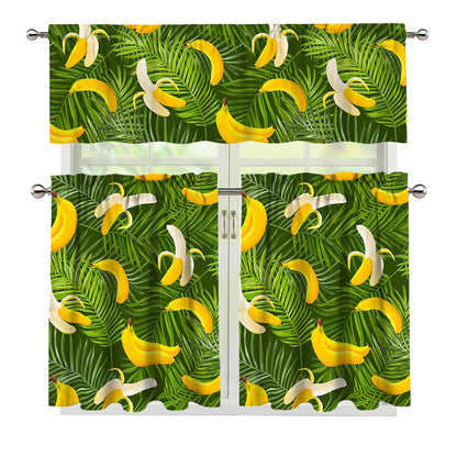 Green Tropical Banana Pattern Print 3 Piece Kitchen Curtains