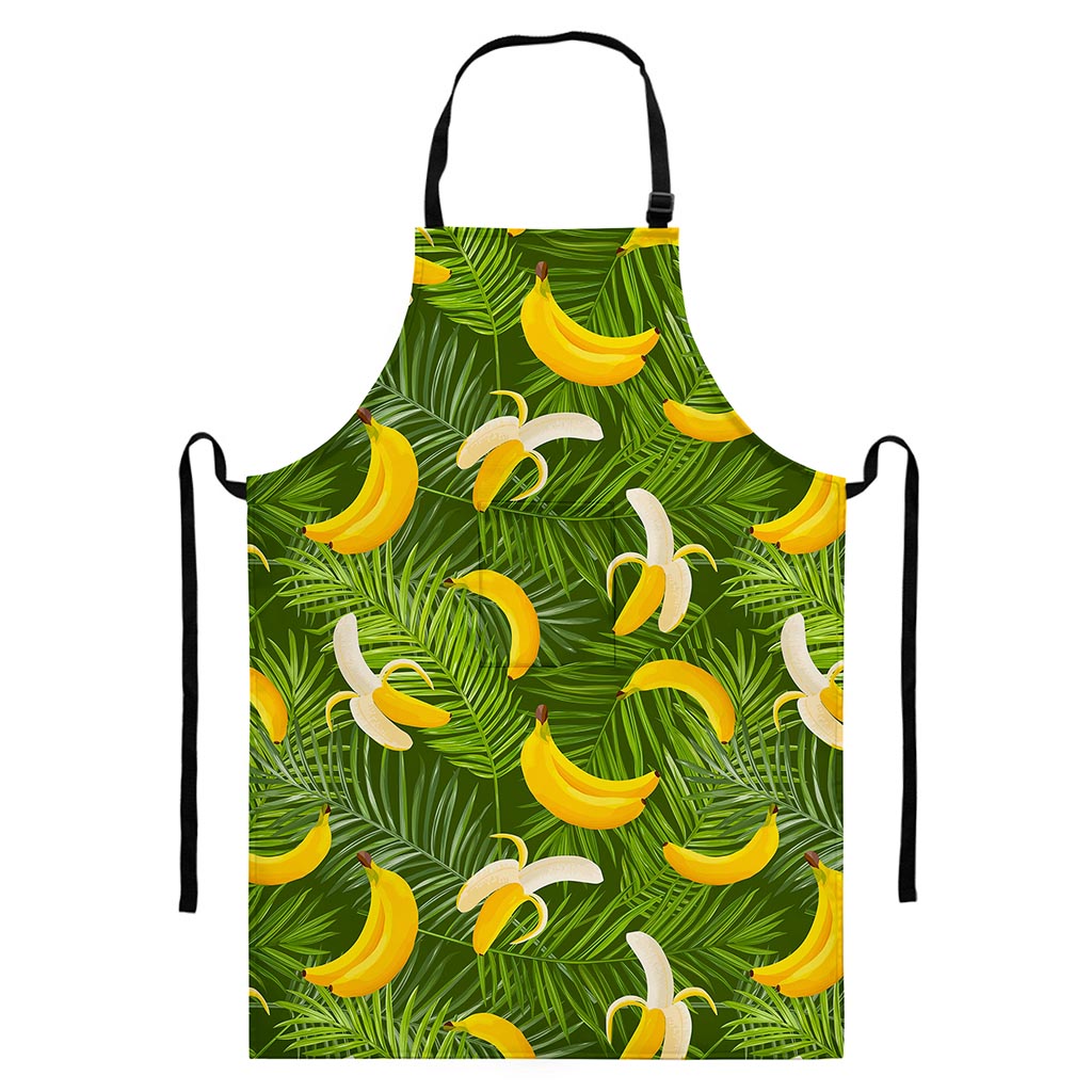 Green Tropical Banana Pattern Print Bib Apron With Pocket