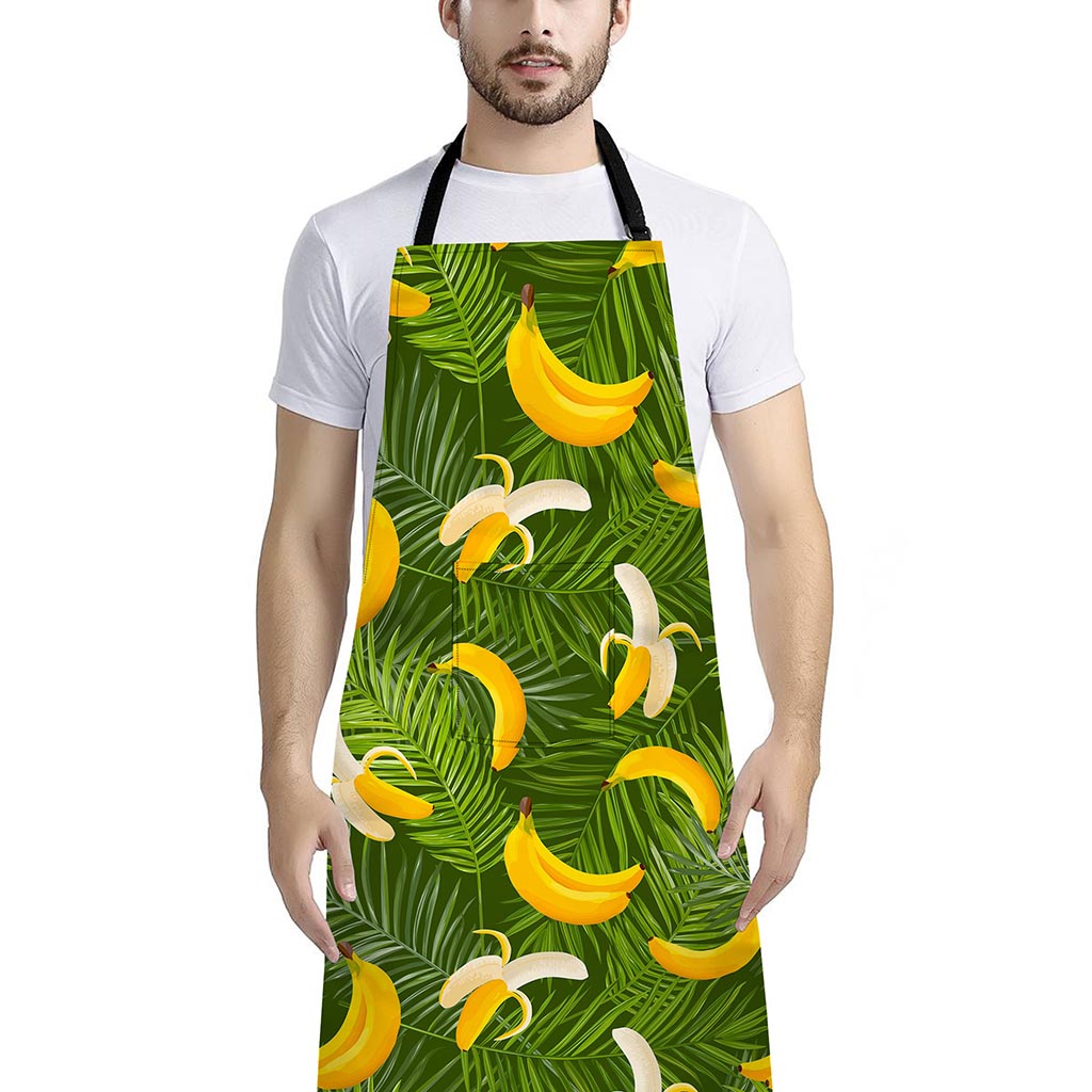Green Tropical Banana Pattern Print Bib Apron With Pocket