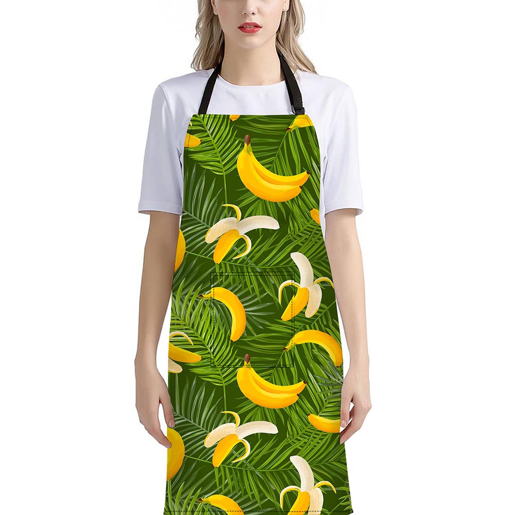 Green Tropical Banana Pattern Print Bib Apron With Pocket