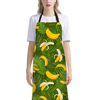 Green Tropical Banana Pattern Print Bib Apron With Pocket
