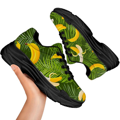 Green Tropical Banana Pattern Print Black Chunky Shoes