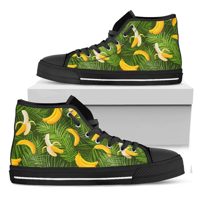 Green Tropical Banana Pattern Print Black High Top Sneakers