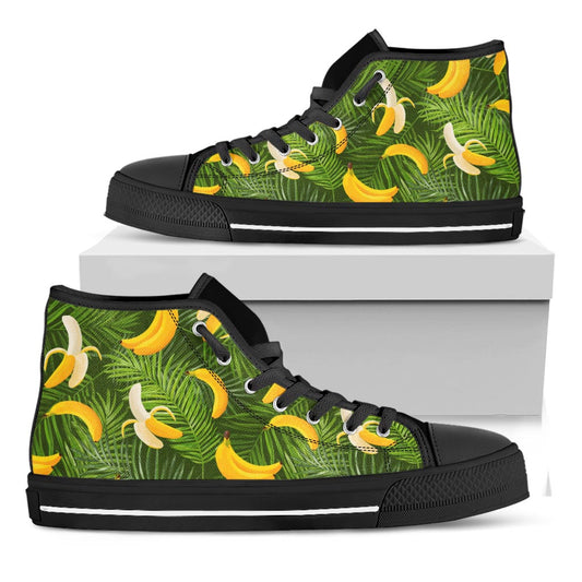 Green Tropical Banana Pattern Print Black High Top Sneakers
