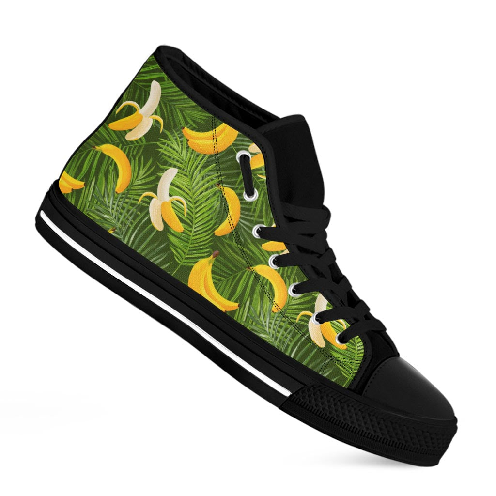 Green Tropical Banana Pattern Print Black High Top Sneakers
