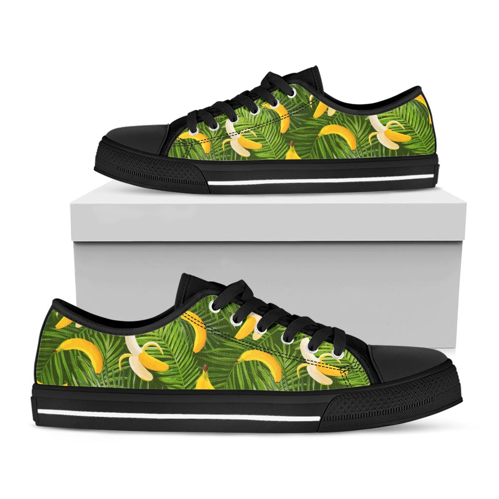 Green Tropical Banana Pattern Print Black Low Top Sneakers