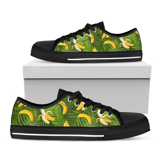 Green Tropical Banana Pattern Print Black Low Top Sneakers