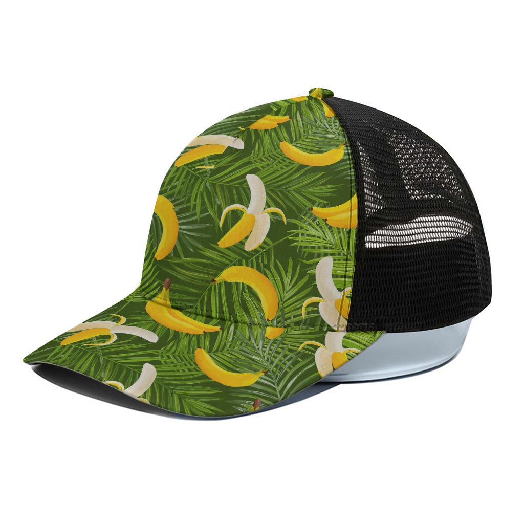 Green Tropical Banana Pattern Print Black Mesh Trucker Cap