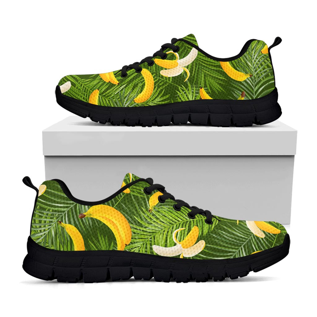 Green Tropical Banana Pattern Print Black Running Shoes