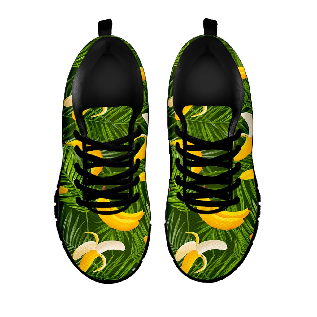 Green Tropical Banana Pattern Print Black Running Shoes