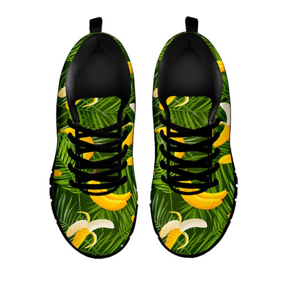 Green Tropical Banana Pattern Print Black Running Shoes