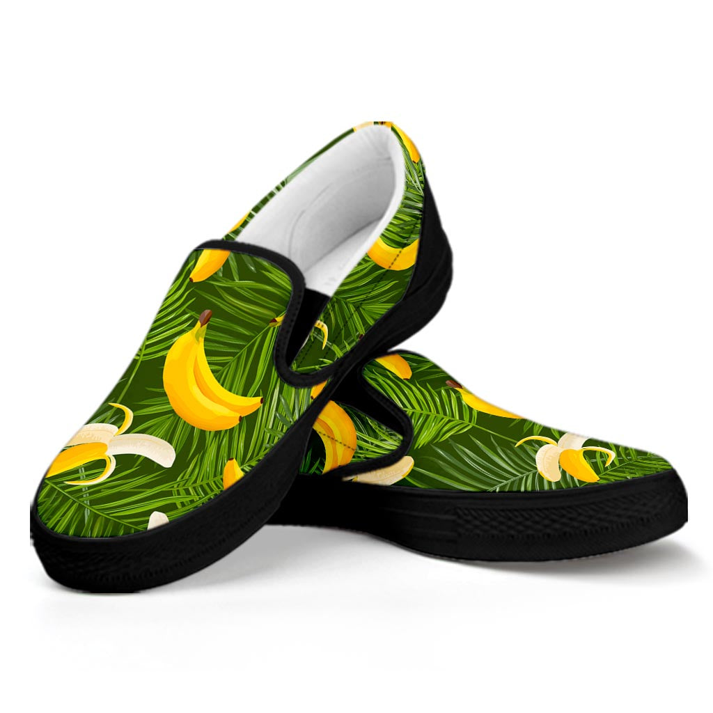 Green Tropical Banana Pattern Print Black Slip On Sneakers