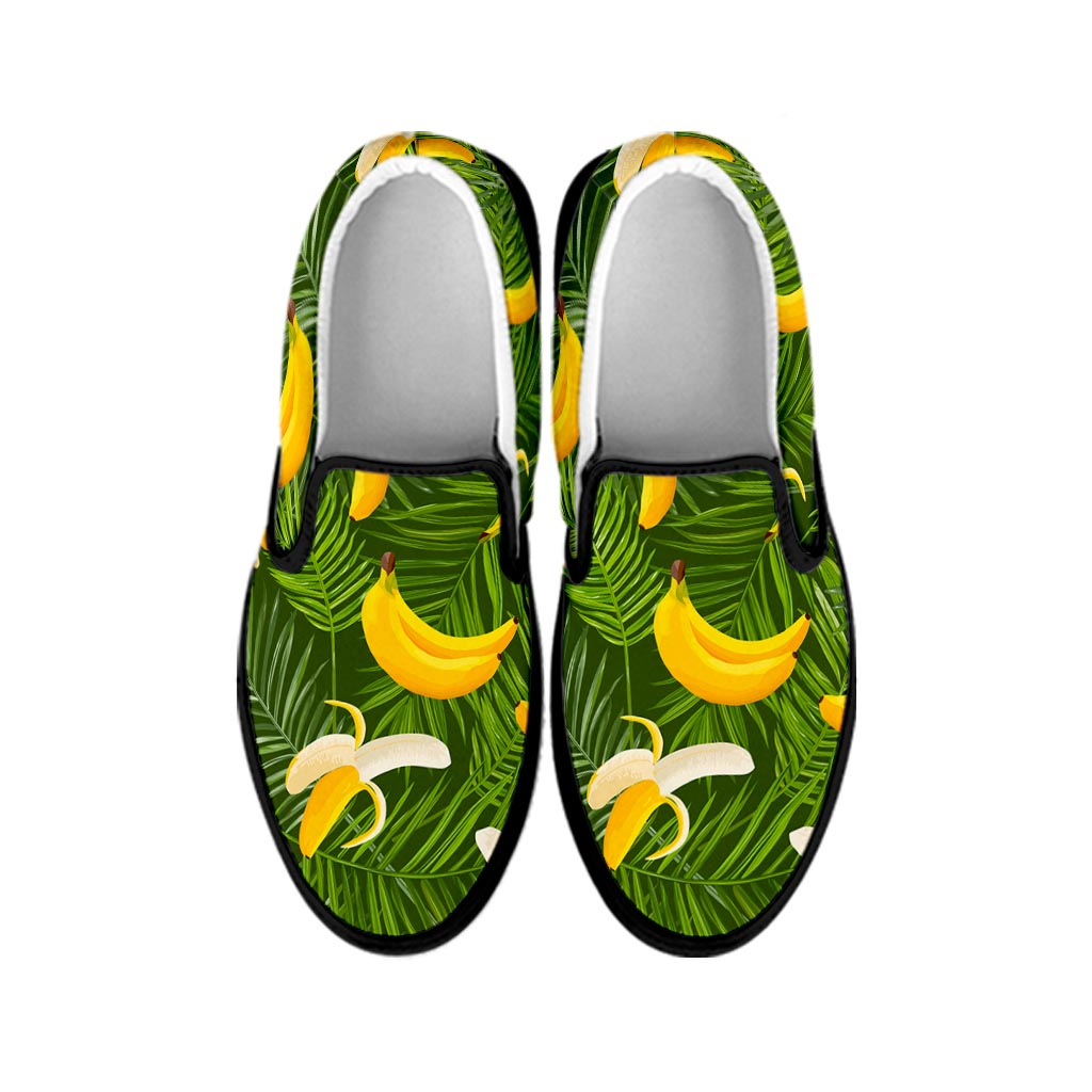 Green Tropical Banana Pattern Print Black Slip On Sneakers