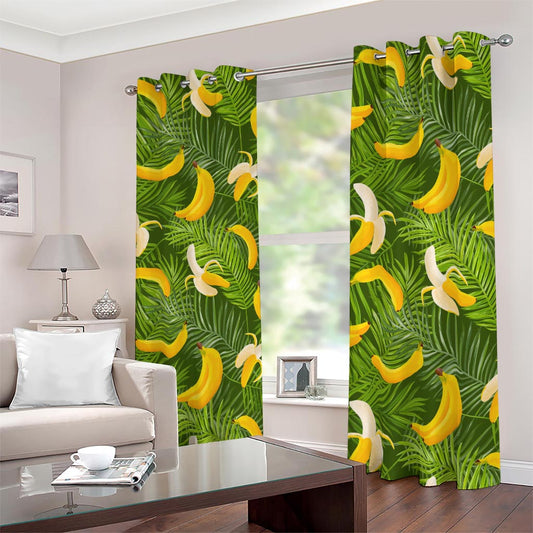 Green Tropical Banana Pattern Print Blackout Grommet Curtains
