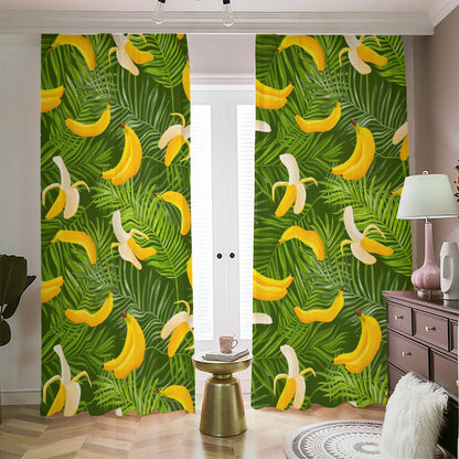 Green Tropical Banana Pattern Print Blackout Pencil Pleat Curtains