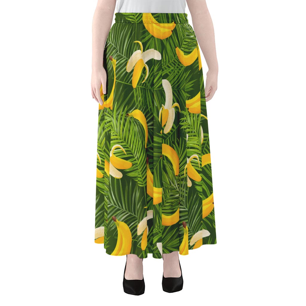 Green Tropical Banana Pattern Print Chiffon Maxi Skirt