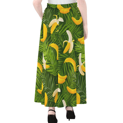 Green Tropical Banana Pattern Print Chiffon Maxi Skirt
