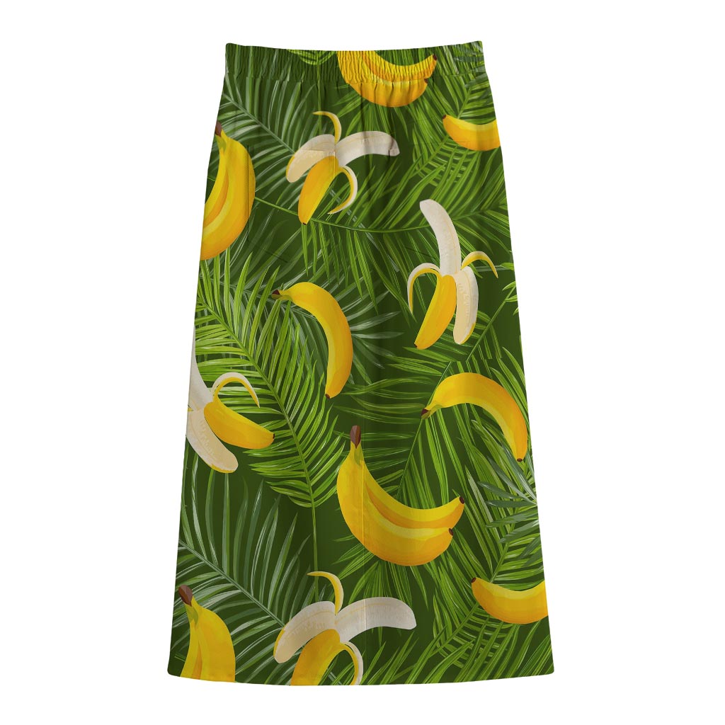 Green Tropical Banana Pattern Print Cotton Front Slit Maxi Skirt