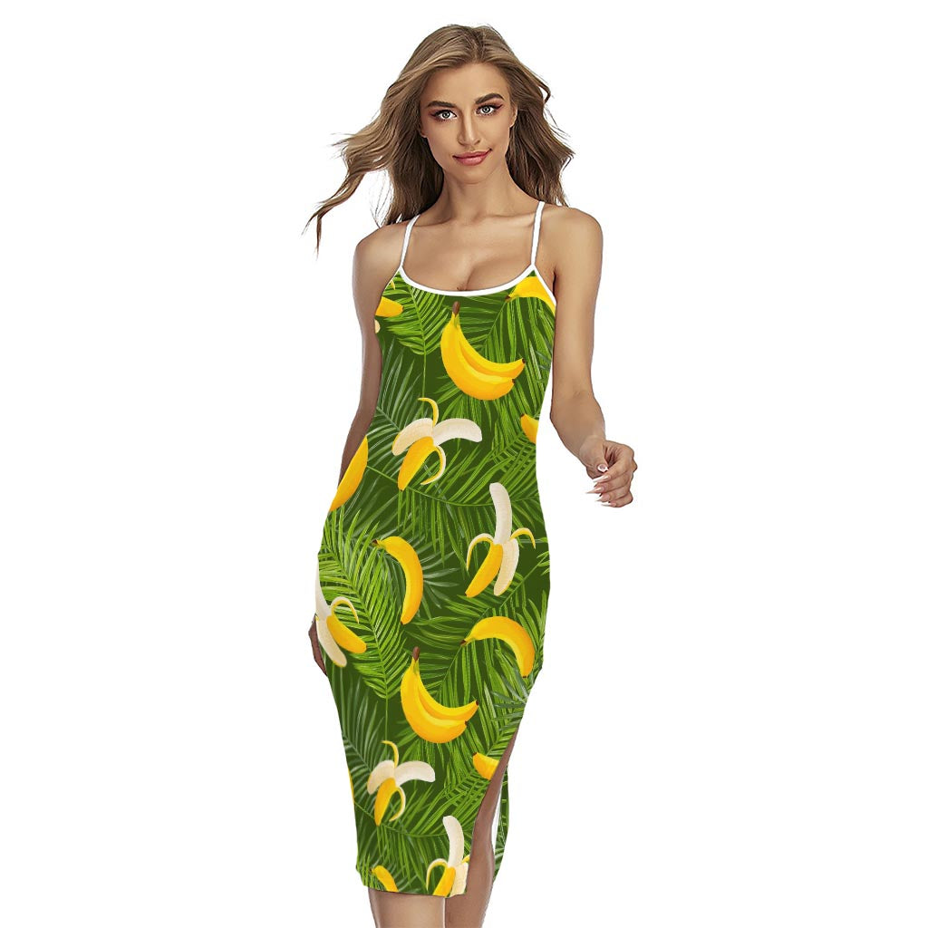 Green Tropical Banana Pattern Print Cross Back Cami Dress