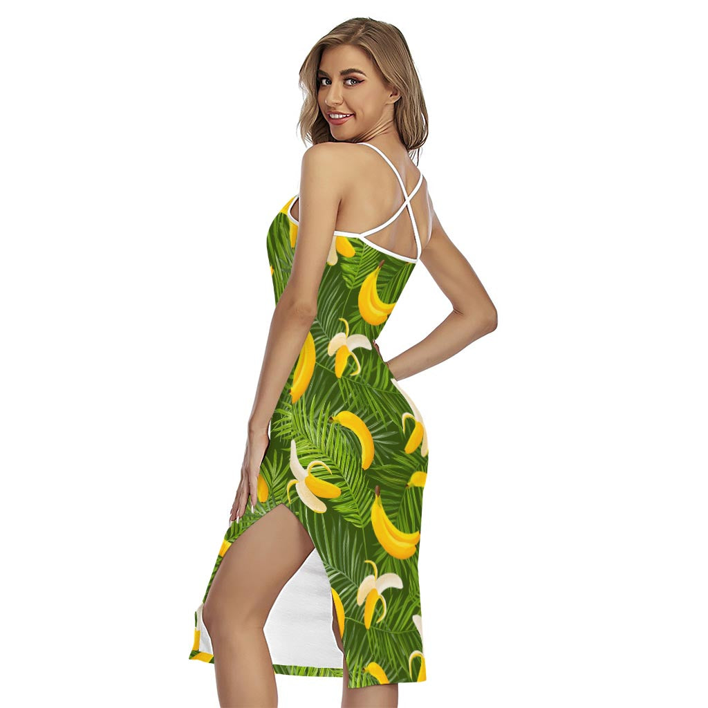 Green Tropical Banana Pattern Print Cross Back Cami Dress