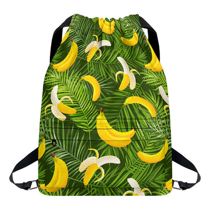 Green Tropical Banana Pattern Print Drawstring Backpack