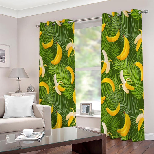 Green Tropical Banana Pattern Print Extra Wide Grommet Curtains
