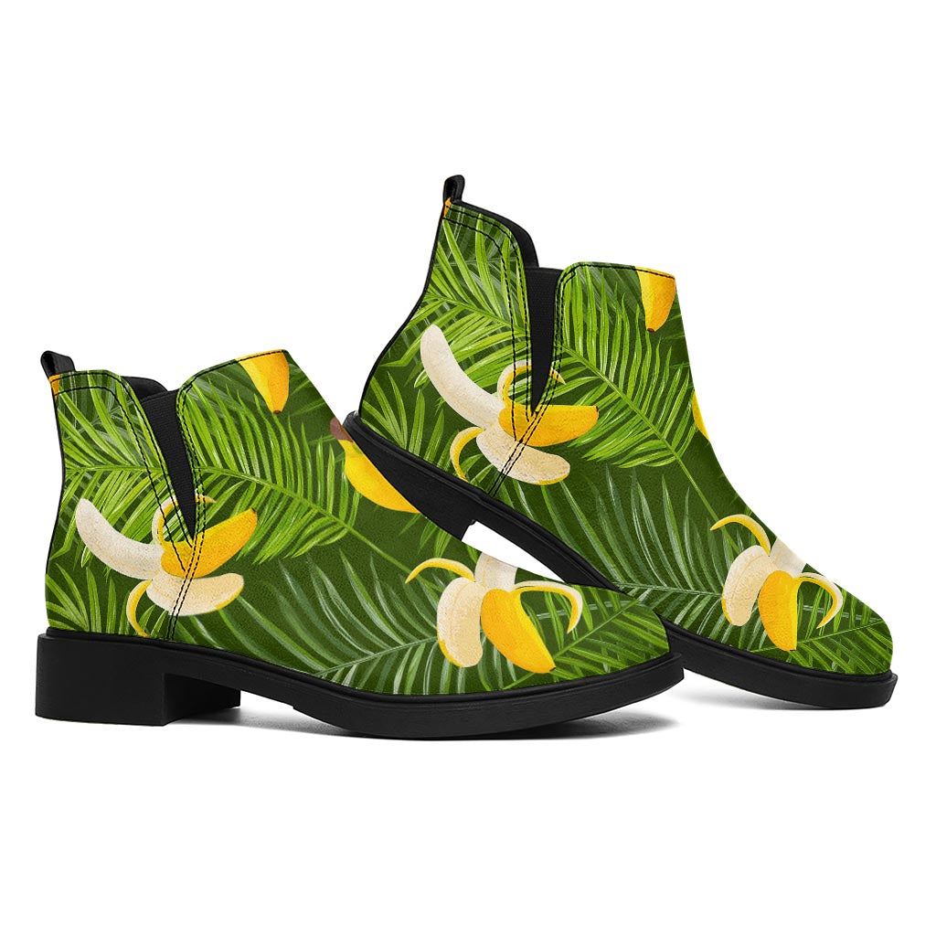 Green Tropical Banana Pattern Print Flat Ankle Boots