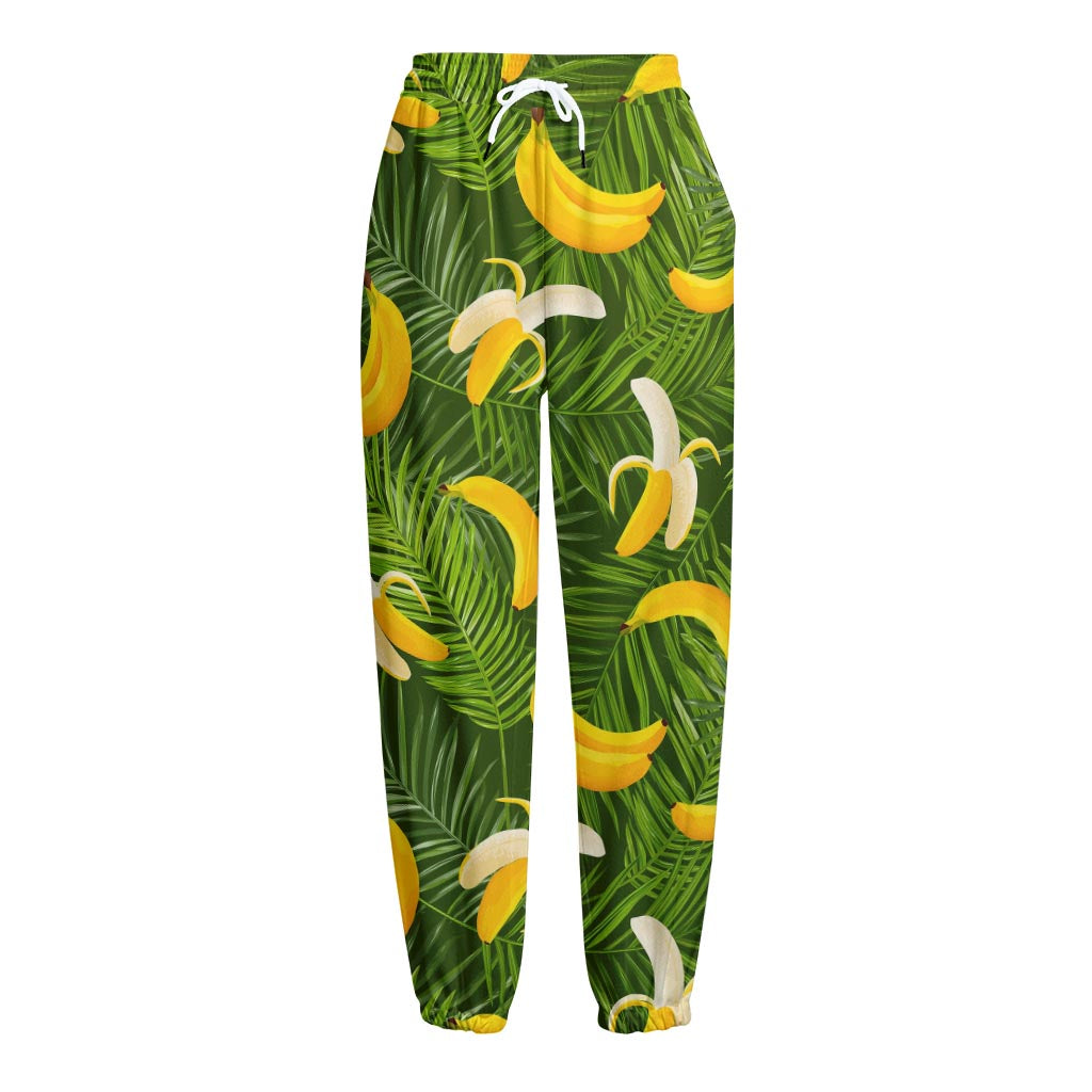 Green Tropical Banana Pattern Print Fleece Lined Knit Pants