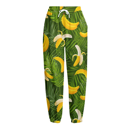 Green Tropical Banana Pattern Print Fleece Lined Knit Pants