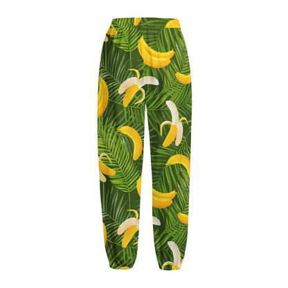 Green Tropical Banana Pattern Print Fleece Lined Knit Pants