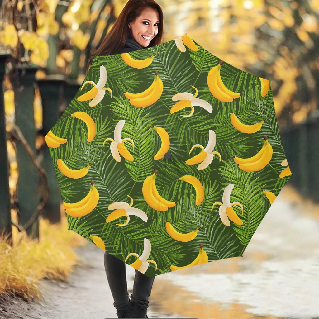 Green Tropical Banana Pattern Print Foldable Umbrella