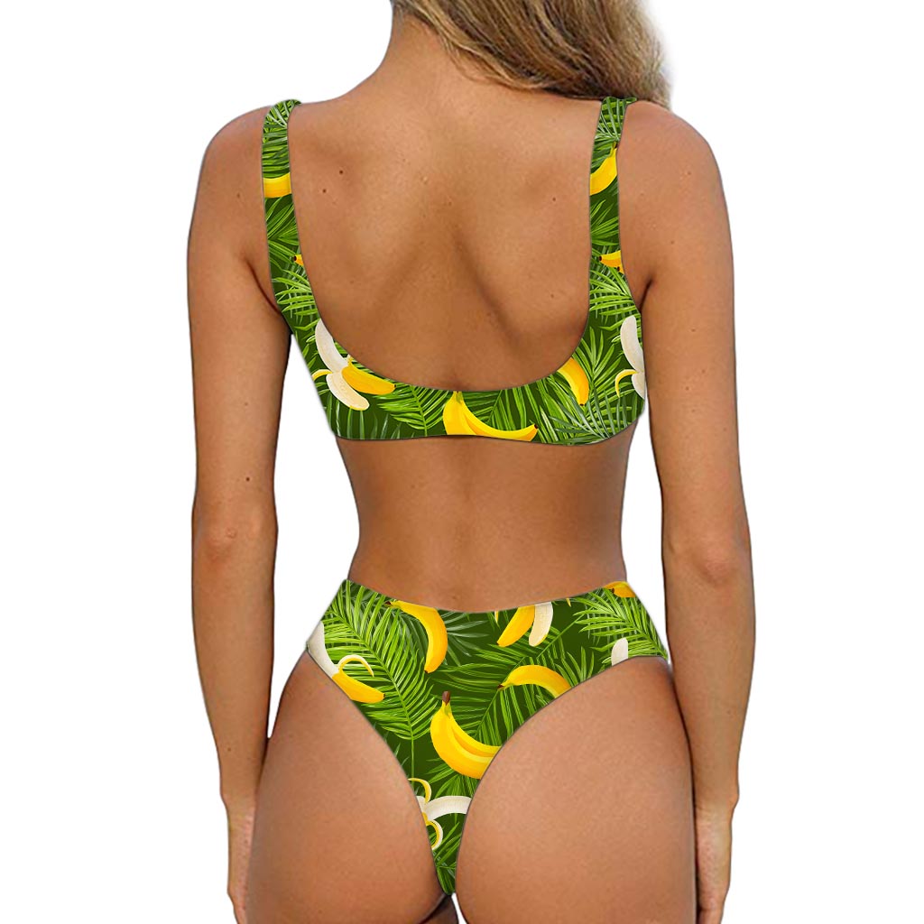 Green Tropical Banana Pattern Print Front Bow Tie Bikini