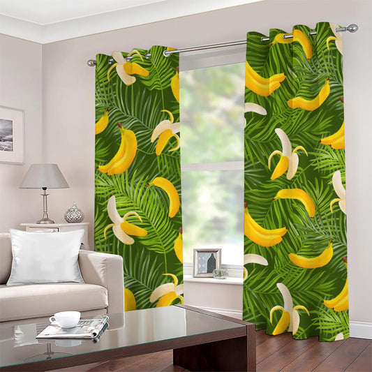 Green Tropical Banana Pattern Print Grommet Curtains