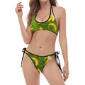 Green Tropical Banana Pattern Print Halter Scoop Tie Side Bikini