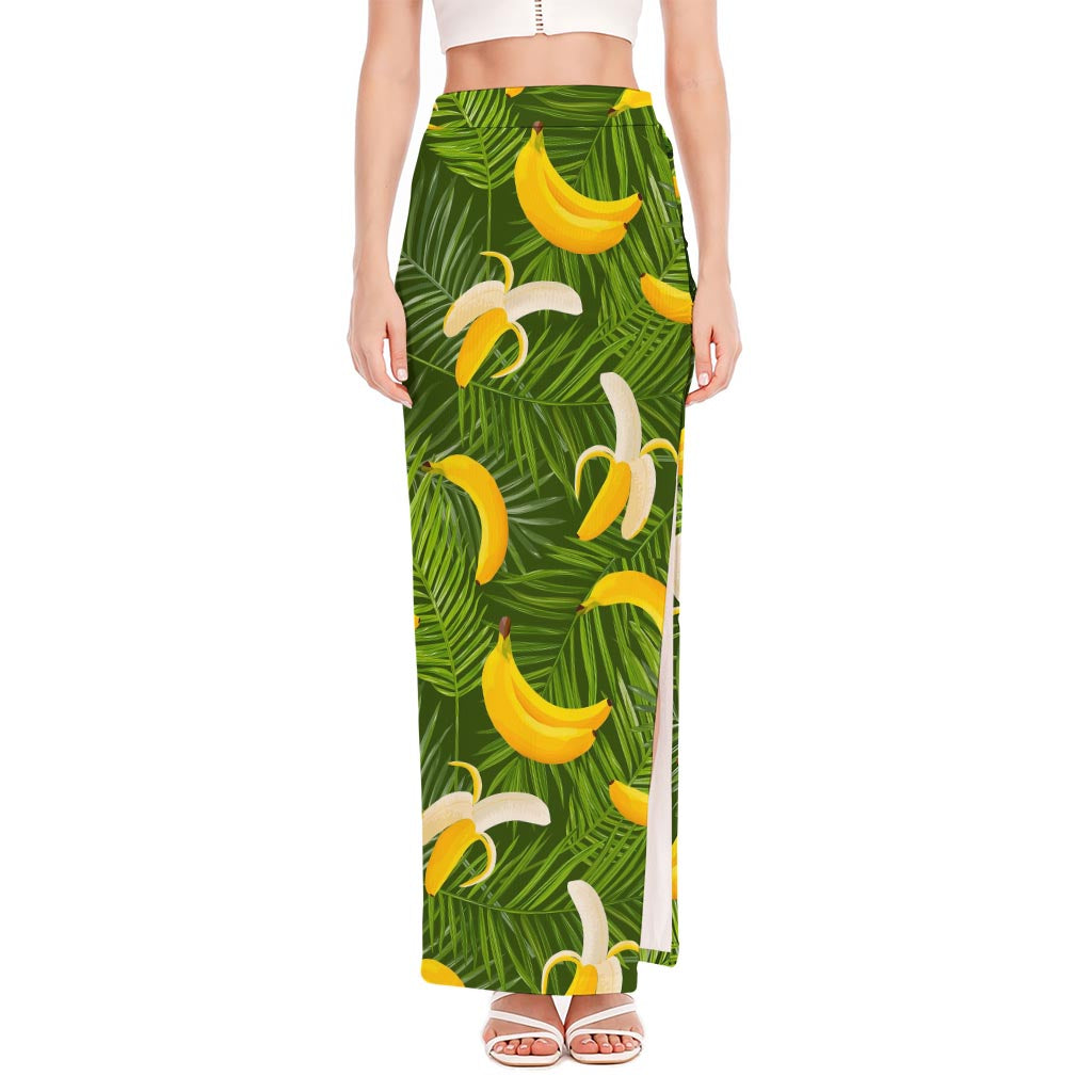 Green Tropical Banana Pattern Print High Slit Maxi Skirt