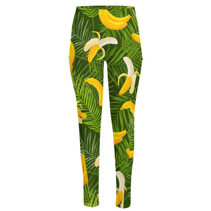 Green Tropical Banana Pattern Print High-Waisted Pocket Leggings
