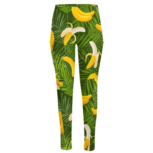Green Tropical Banana Pattern Print High-Waisted Pocket Leggings