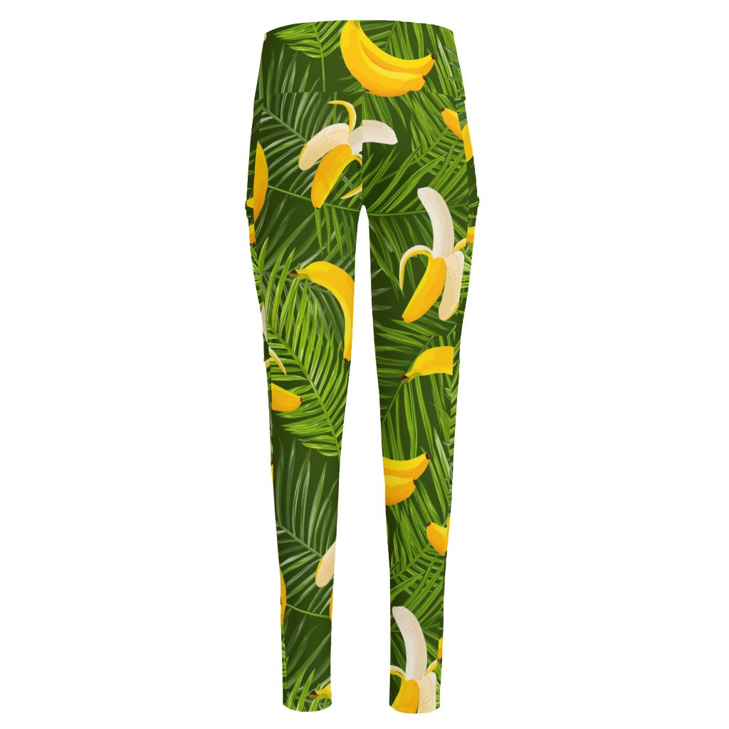 Green Tropical Banana Pattern Print High-Waisted Pocket Leggings