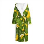 Green Tropical Banana Pattern Print Hooded Bathrobe