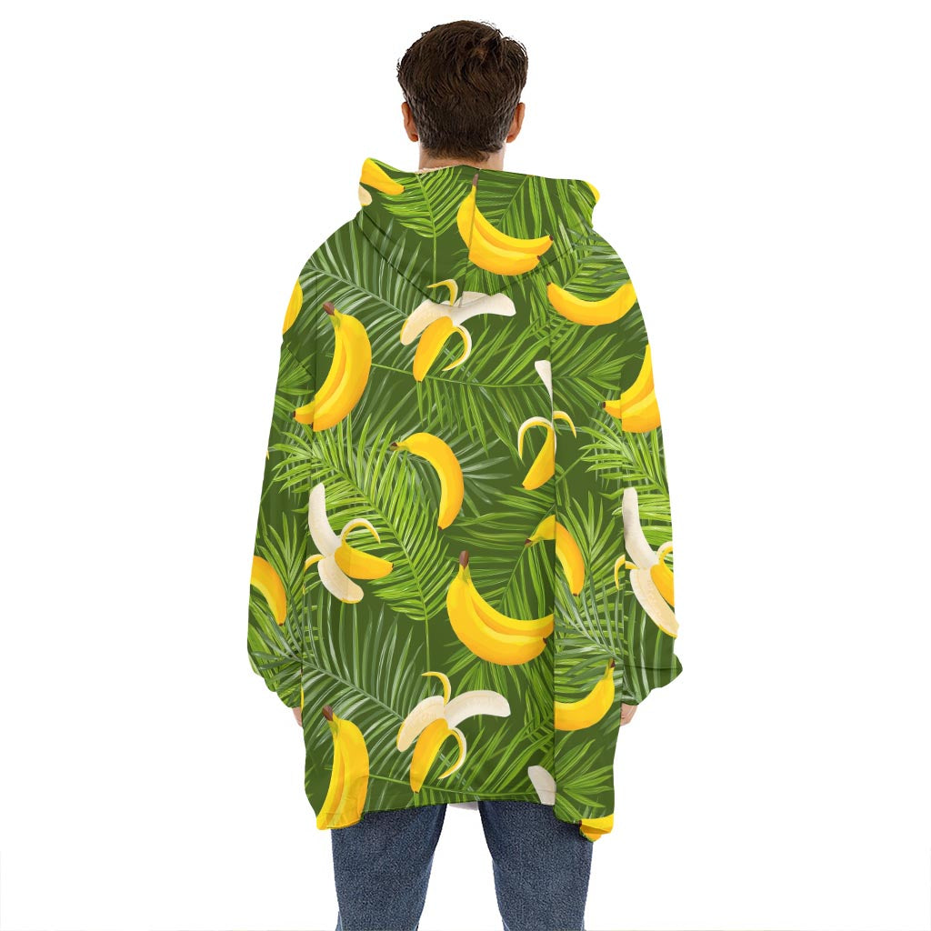 Green Tropical Banana Pattern Print Hoodie Blanket