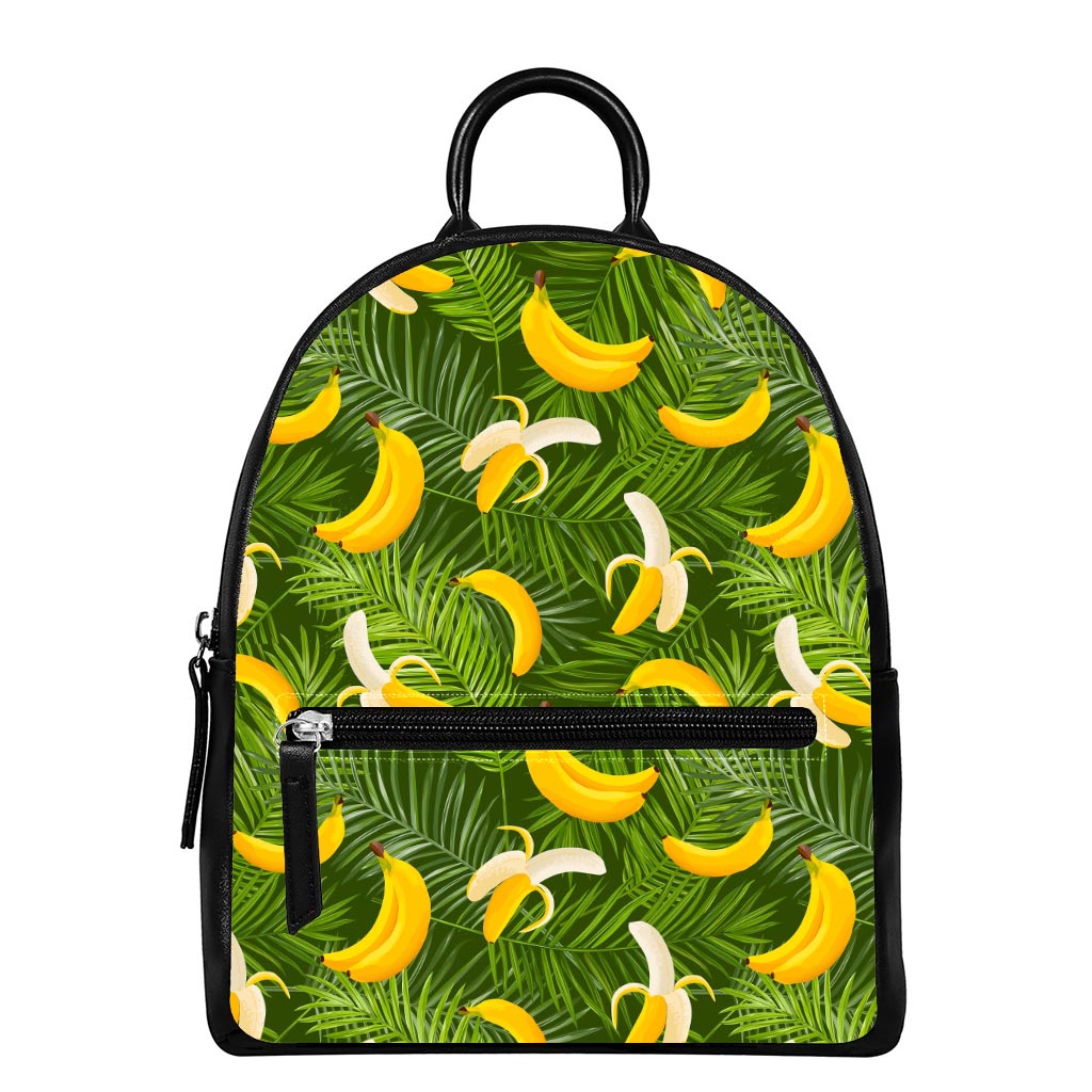 Green Tropical Banana Pattern Print Leather Backpack