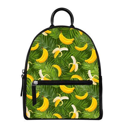 Green Tropical Banana Pattern Print Leather Backpack