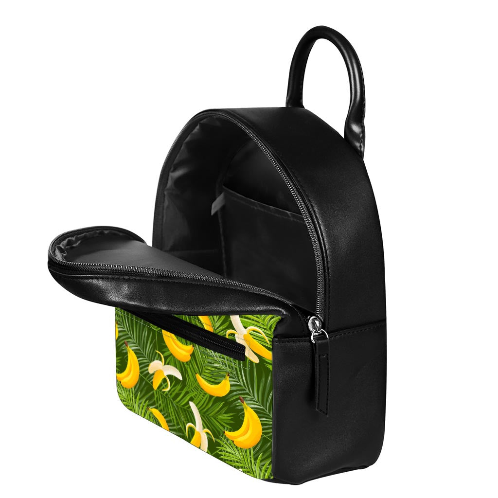 Green Tropical Banana Pattern Print Leather Backpack