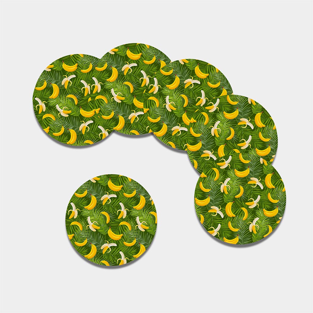 Green Tropical Banana Pattern Print Leather Coaster Set