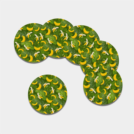 Green Tropical Banana Pattern Print Leather Coaster Set